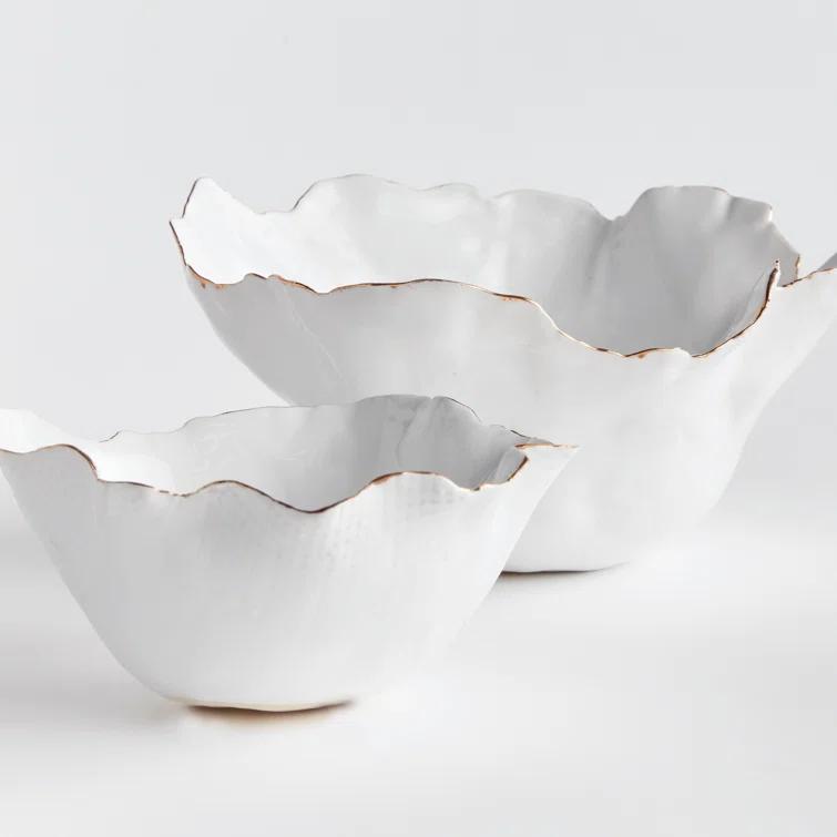 Handcrafted White Ceramic Decorative Bowl Set with Gold Edges