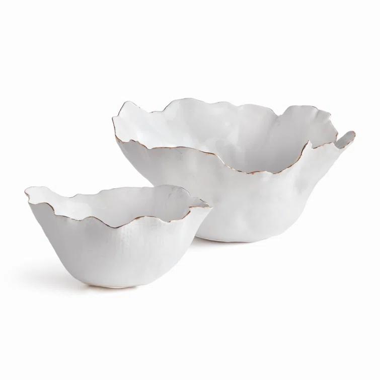 Handcrafted White Ceramic Decorative Bowl Set with Gold Edges