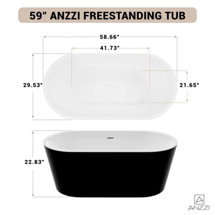 ANZZI FT-AZ098-59BK ANZZI Chand Series 59 Inch Acrylic Freestanding Pre-Plumbed Solid Deep Soaker Stand Alone Bathtub With Built-In Overflow And Drain In Black/White