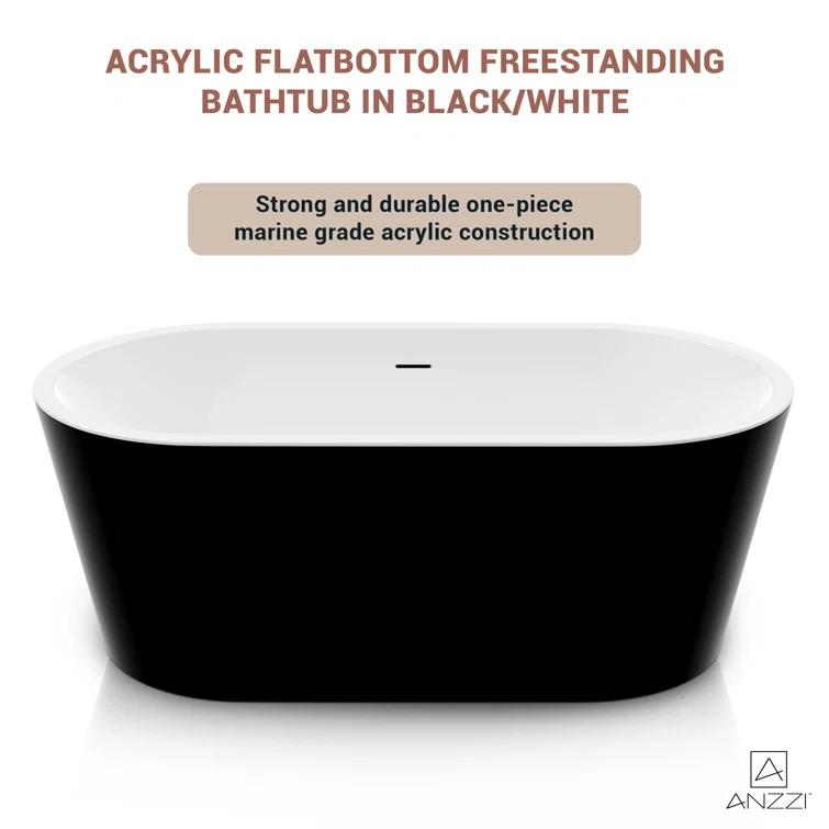 ANZZI FT-AZ098-59BK ANZZI Chand Series 59 Inch Acrylic Freestanding Pre-Plumbed Solid Deep Soaker Stand Alone Bathtub With Built-In Overflow And Drain In Black/White