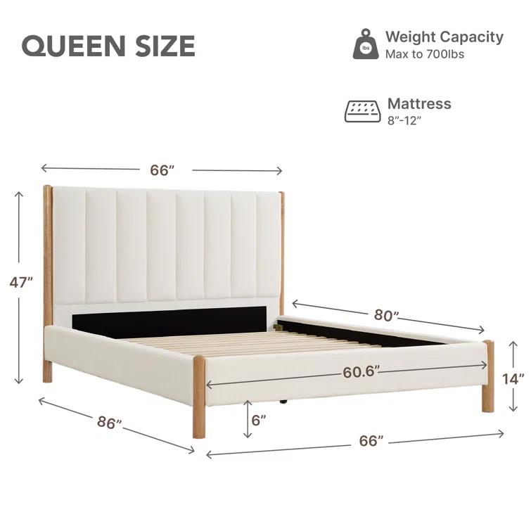 Rezana Solid Wood Boucle Upholstered Headboard Bed Frame