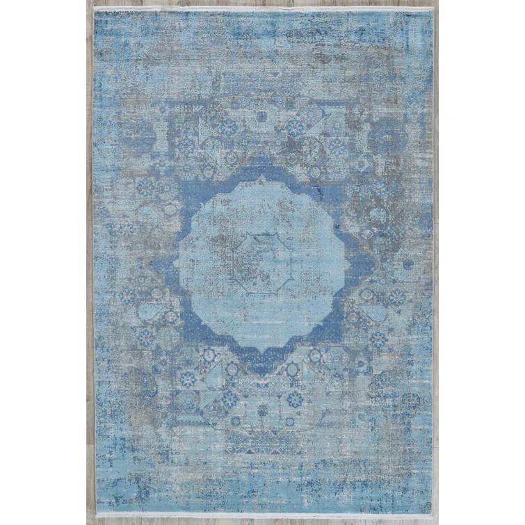 EXQUISITE RUGS Exquisite Rugs Palace Power Loom/Hand-Finished Acrylic/Viscose Ivory/Blue Area Rug