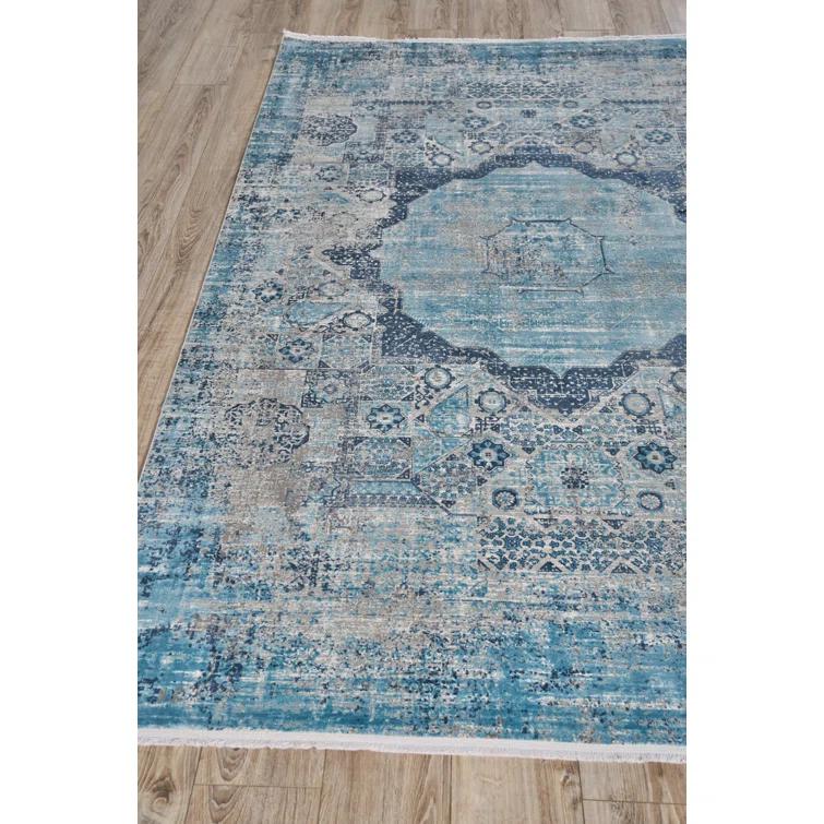 EXQUISITE RUGS Exquisite Rugs Palace Power Loom/Hand-Finished Acrylic/Viscose Ivory/Blue Area Rug