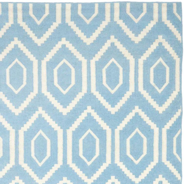 Dhurries Hand Woven Flat Weave Wool/Cotton Geometric Rug in Ivory/Blue