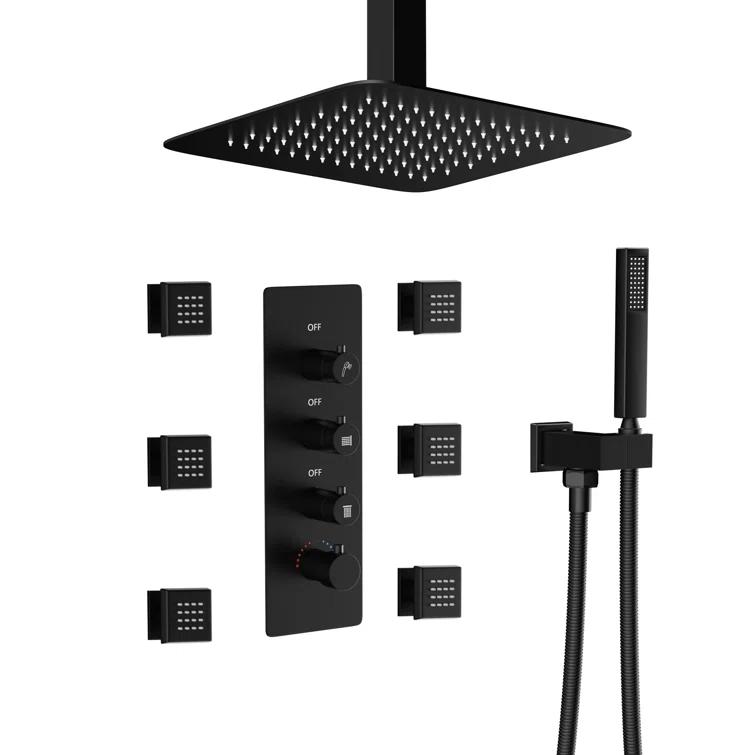 3-Function LED Light Thermostatic Rainfall Shower System with 6 Body Jets and Rough-in Valve