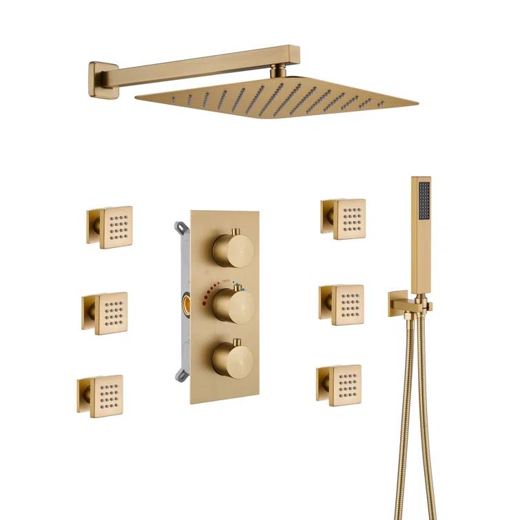 3 Functions Wall Mount Thermostatic Complete Shower System with 6 Body Jets, Rough-in Valve