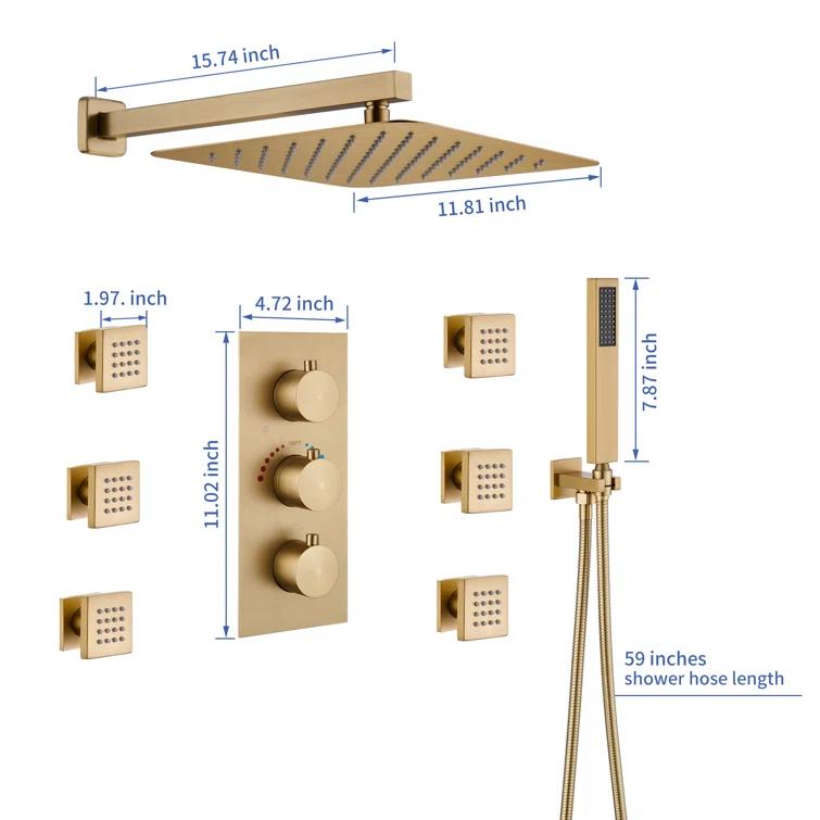 3 Functions Wall Mount Thermostatic Complete Shower System with 6 Body Jets, Rough-in Valve