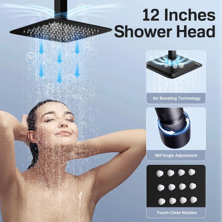 3-Function LED Light Thermostatic Rainfall Shower System with 6 Body Jets and Rough-in Valve