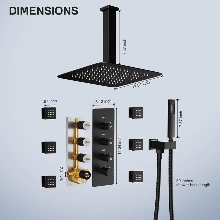 3-Function LED Light Thermostatic Rainfall Shower System with 6 Body Jets and Rough-in Valve