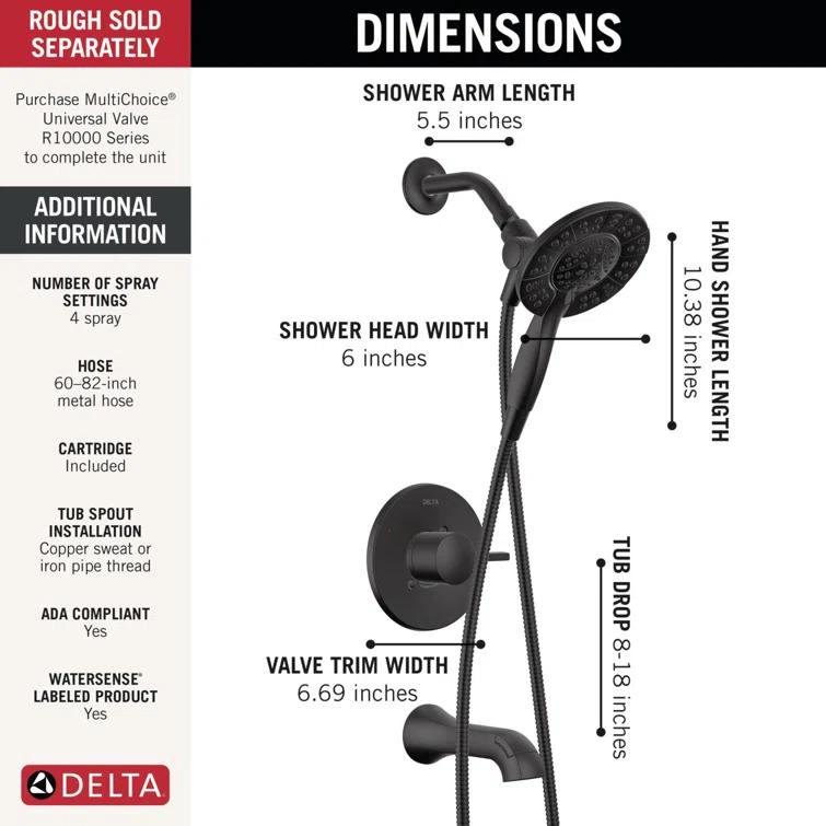 Arvo Single-Function Tub Shower Faucet Set, Shower Trim Kit with In2ition Shower Head and Valve