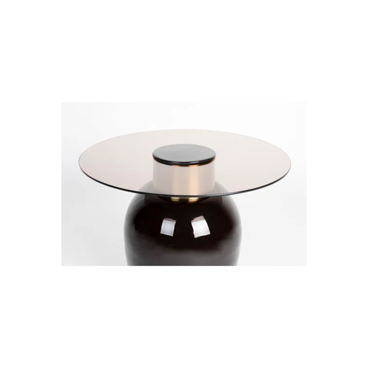 Small Smoked Glass and Gold Cylindrical Side Table