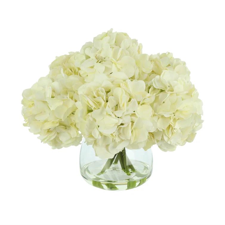 White Polysilk Hydrangea Bouquet in Glass Vase