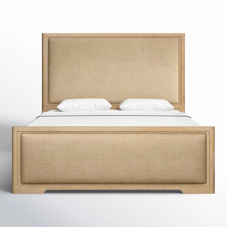 Beige Wood California King Upholstered Panel Bed with Headboard
