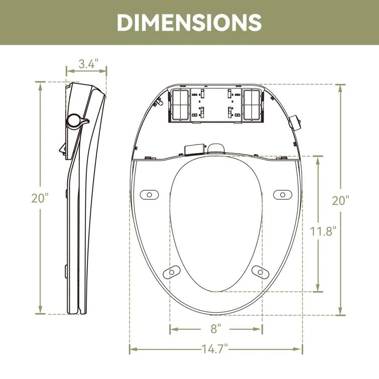 Unplugged Elongated Bidet Seat with Dual Stainless Nozzle and Adjustable Water Pressure