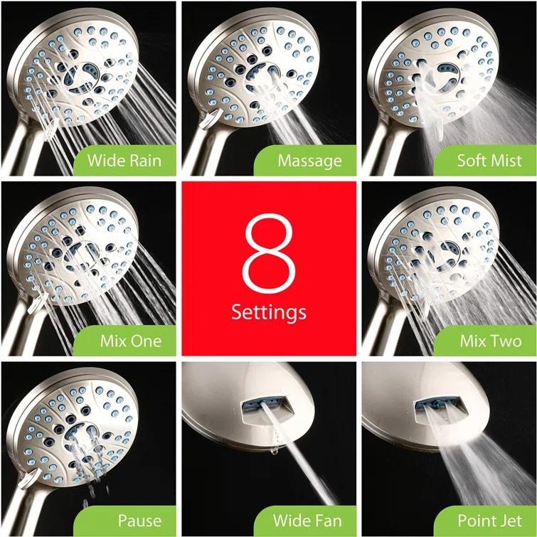 High Pressure 8-Mode Handheld Shower Head, Anti-Clog Nozzles, Built-In Power Wash To Clean Tub, Tile & Pets, Extra Long 6 Ft. Stainless Steel Hose, Wall & Overhead Brackets