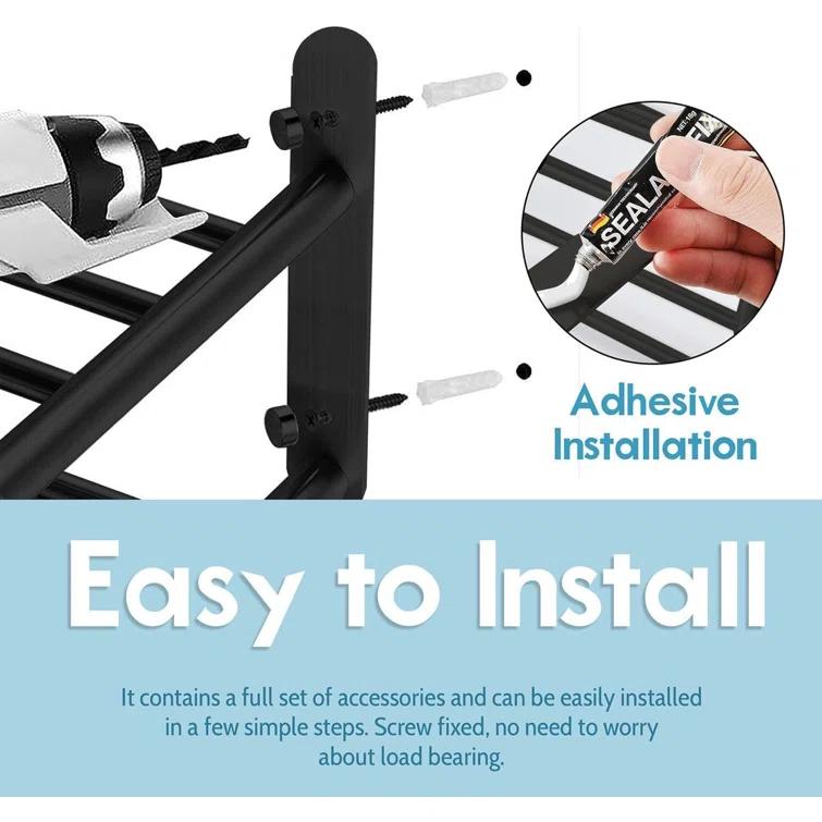 Matte Black 2-Tier Towel Rack | 24'' Wall-Mounted Bathroom Towel Shelf With Bar & 5 Hooks | Rust-Proof Stainless Steel Towel Hanger & Organizer | Space-Saving Storage