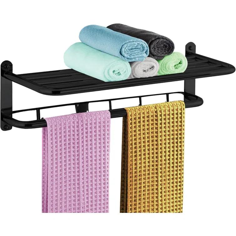 Matte Black 2-Tier Towel Rack | 24'' Wall-Mounted Bathroom Towel Shelf With Bar & 5 Hooks | Rust-Proof Stainless Steel Towel Hanger & Organizer | Space-Saving Storage