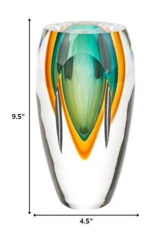 95" Mouth Blown Amber and Green Art Glass Vase