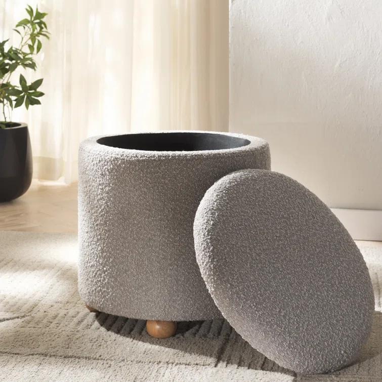 Becka Round Gray Boucle Storage Ottoman with Wood Legs