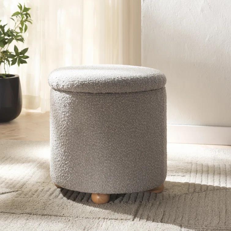 Becka Round Gray Boucle Storage Ottoman with Wood Legs