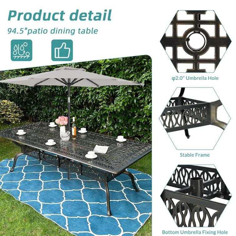 9-Piece Outdoor Patio Dining Set For 8, All Weather Cast Aluminum Patio Funiture Table And Chairs Set- 94.5" Rectangular Table And 8 Chairs For Garden, 2" Umbrella Hole
