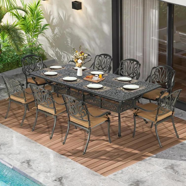9-Piece Outdoor Patio Dining Set For 8, All Weather Cast Aluminum Patio Funiture Table And Chairs Set- 94.5" Rectangular Table And 8 Chairs For Garden, 2" Umbrella Hole