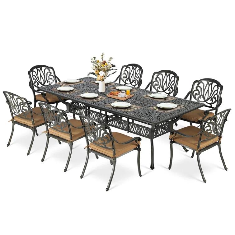 9-Piece Outdoor Patio Dining Set For 8, All Weather Cast Aluminum Patio Funiture Table And Chairs Set- 94.5" Rectangular Table And 8 Chairs For Garden, 2" Umbrella Hole