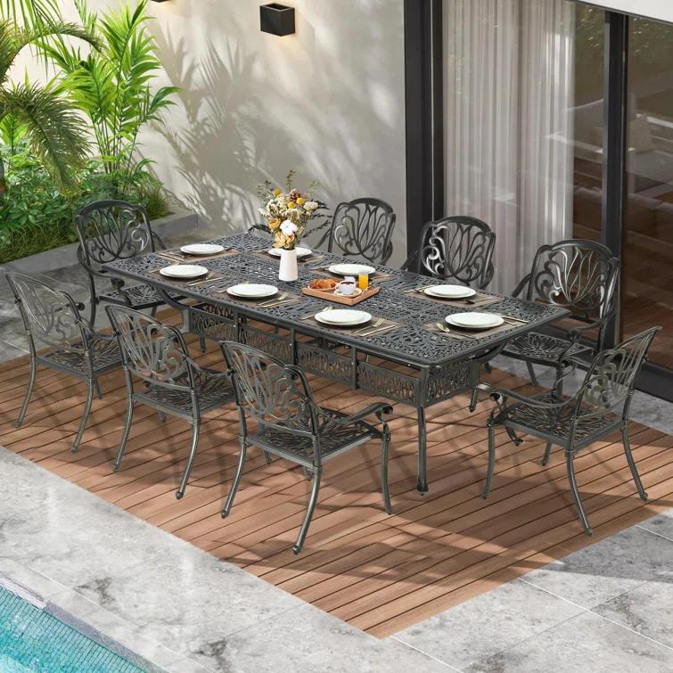 9-Piece Outdoor Patio Dining Set For 8, All Weather Cast Aluminum Patio Funiture Table And Chairs Set- 94.5" Rectangular Table And 8 Chairs For Garden, 2" Umbrella Hole
