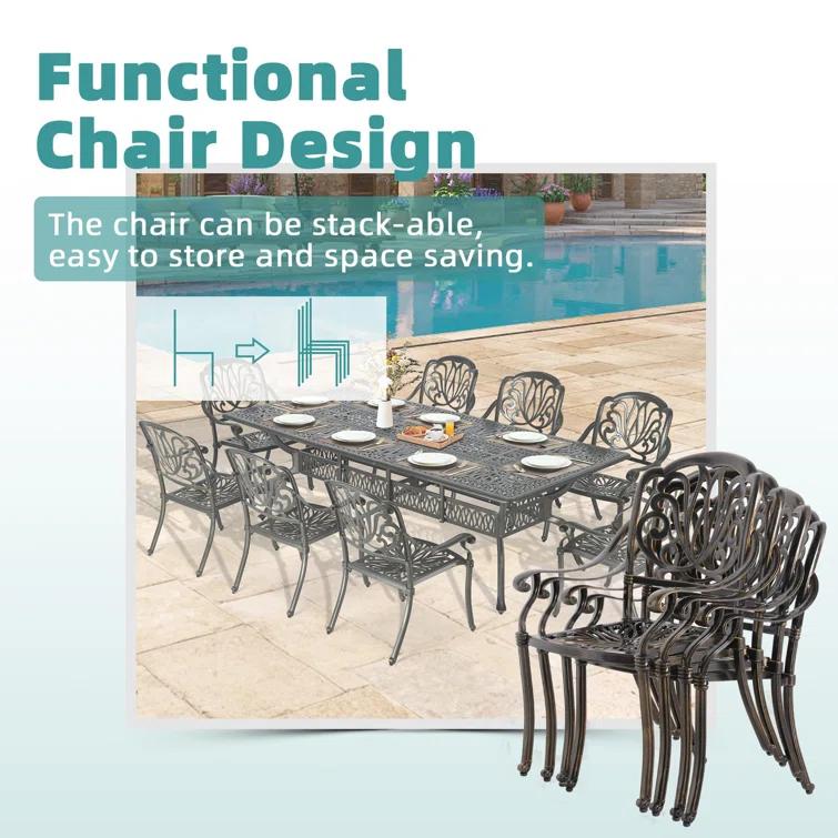 9-Piece Outdoor Patio Dining Set For 8, All Weather Cast Aluminum Patio Funiture Table And Chairs Set- 94.5" Rectangular Table And 8 Chairs For Garden, 2" Umbrella Hole