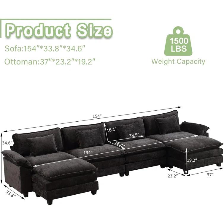 Carbaugh 154" Oversized U Shaped Sectional Sofa, Comfy Cloud Couch Deep Sectional Sofa with Ottomans for Living Room