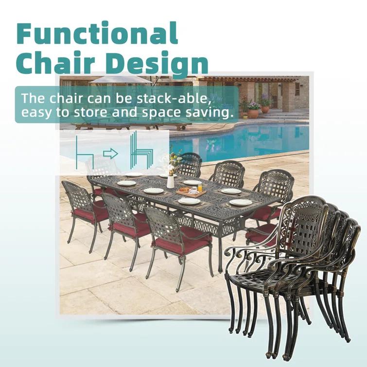 Wildon Home® 9-Piece Outdoor Patio Dining Set For 8, All Weather Cast Aluminum Patio Funiture Table And Chairs Set- 94.5" Rectangular Table And 8 Cushioned Chairs For Garden, 2" Umbrella Hole