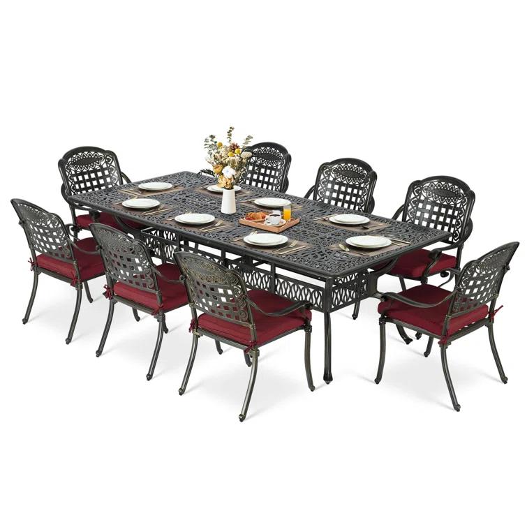 Wildon Home® 9-Piece Outdoor Patio Dining Set For 8, All Weather Cast Aluminum Patio Funiture Table And Chairs Set- 94.5" Rectangular Table And 8 Cushioned Chairs For Garden, 2" Umbrella Hole