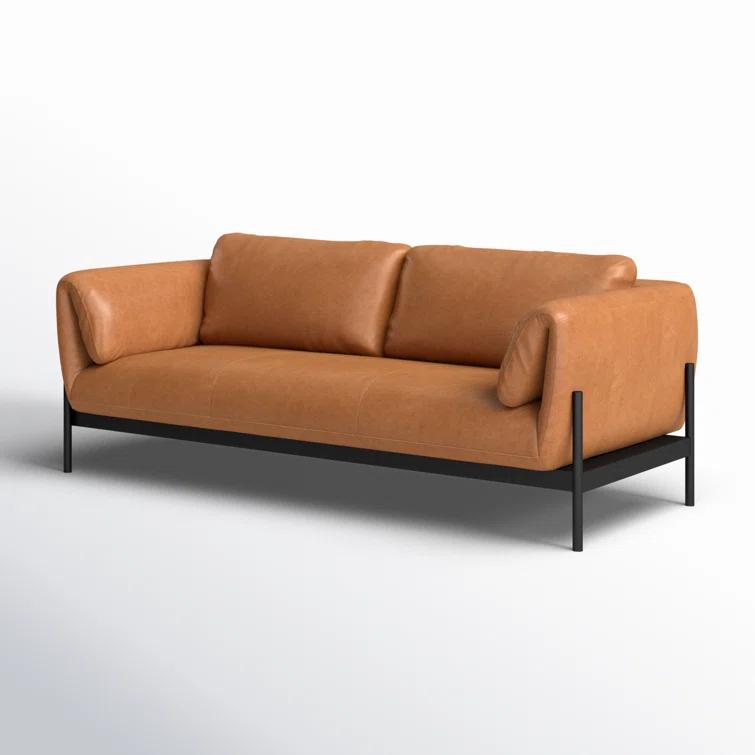 Contemporary Heritage Camel 88.5" Leather Sofa with Matte Iron Base