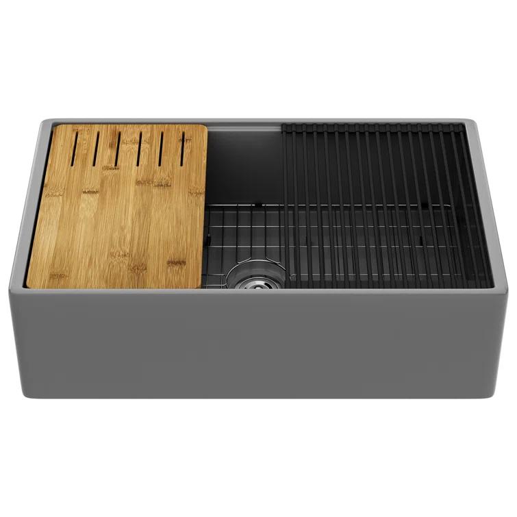 33"L x 20"W Farmhouse Kitchen Sink Deep Single Bowl Fireclay Workstation Sink with Cutting Board and Dish Drying Rack