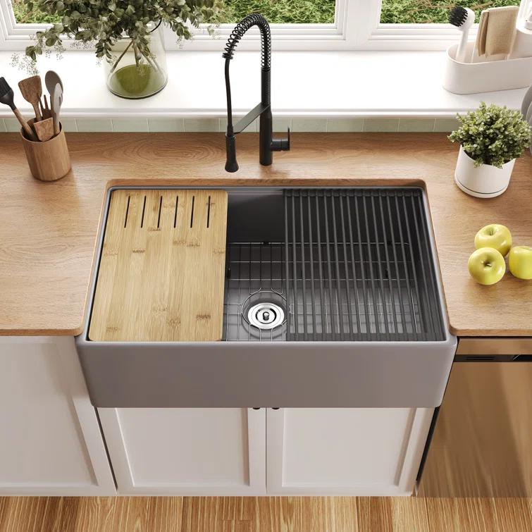 33"L x 20"W Farmhouse Kitchen Sink Deep Single Bowl Fireclay Workstation Sink with Cutting Board and Dish Drying Rack