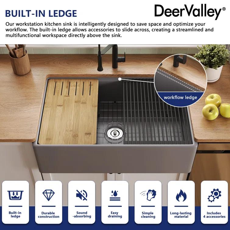 33"L x 20"W Farmhouse Kitchen Sink Deep Single Bowl Fireclay Workstation Sink with Cutting Board and Dish Drying Rack
