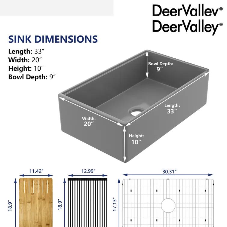33"L x 20"W Farmhouse Kitchen Sink Deep Single Bowl Fireclay Workstation Sink with Cutting Board and Dish Drying Rack