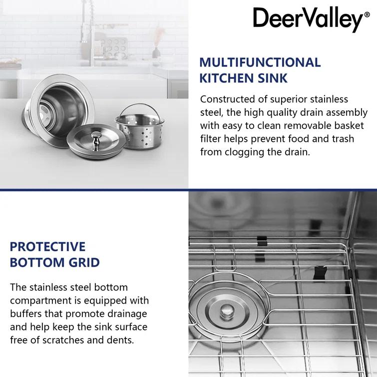 DeerValley 33'' L Undermount 50/50 Double Bowl Stainless Steel Kitchen Sink with Basket Strainers and Stainless Steel Grids