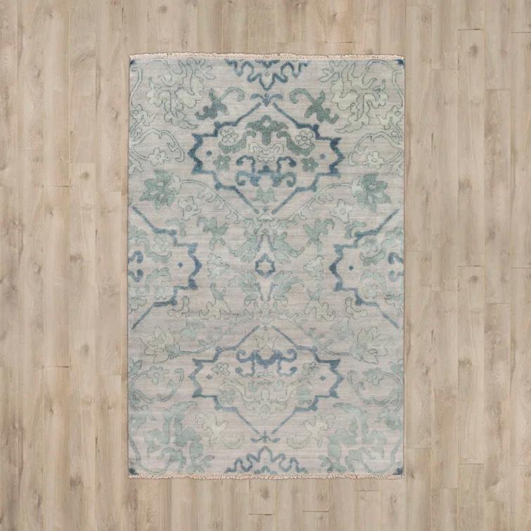 Blue Wool Hand-Knotted Floral 6' x 9' Area Rug