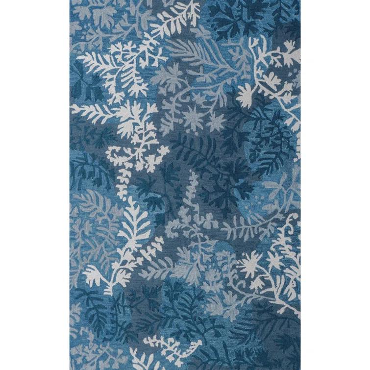 Florals Garden Damask Hand-Tufted Wool Floral Blue/White Area Rug