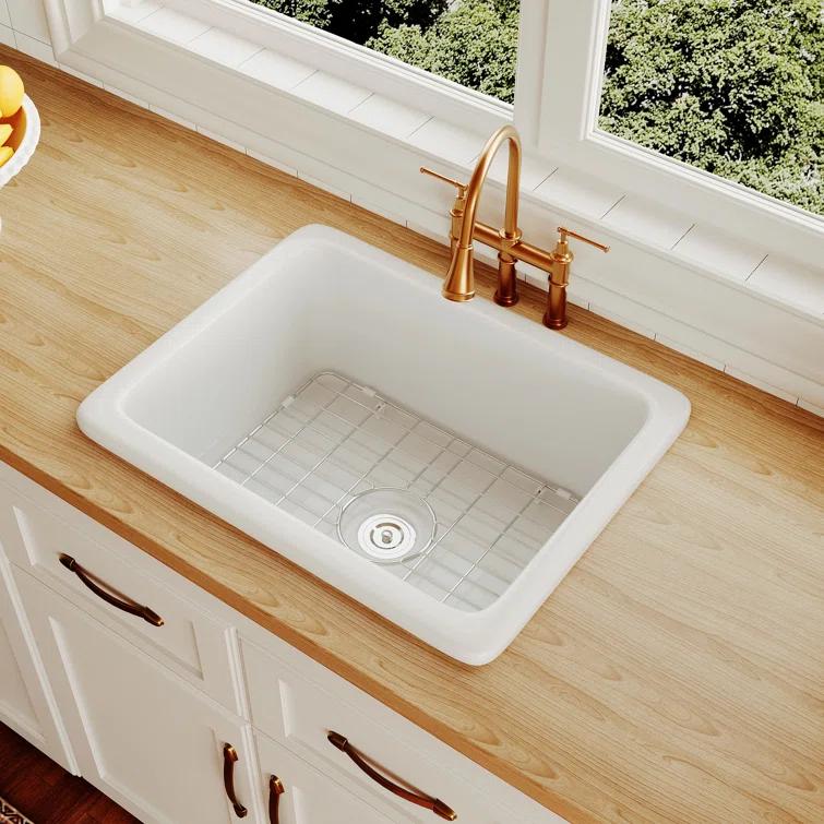 24" L x 19" W Rectangular White Fireclay Undermount Kitchen Sink with Basket Strainer and Sink Grid