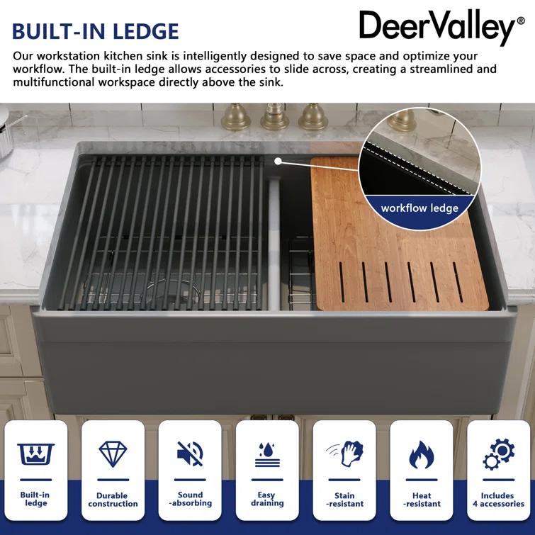 33" L X 20" W White Fireclay Double Bowl Workstation Farmhouse Kitchen Sink with Cutting Board And Dish-Drying Rack