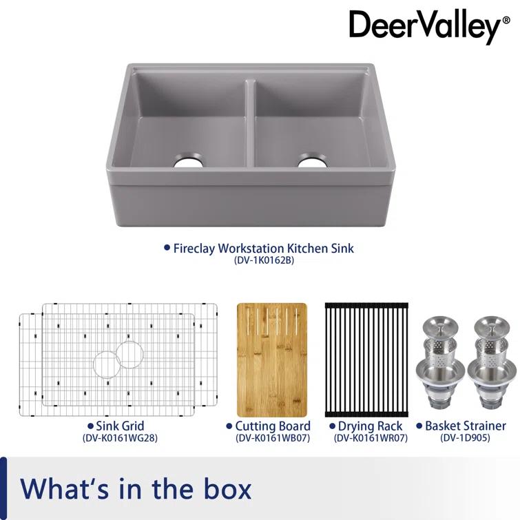 33" L X 20" W White Fireclay Double Bowl Workstation Farmhouse Kitchen Sink with Cutting Board And Dish-Drying Rack
