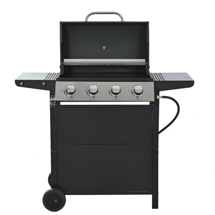 Propane Gas Grill 4 Burner Barbecue Grill, Stainless Steel 34,000 BTU Patio Garden Barbecue Grill With Two Shelves, Lid, Wheels And Bottle Opener