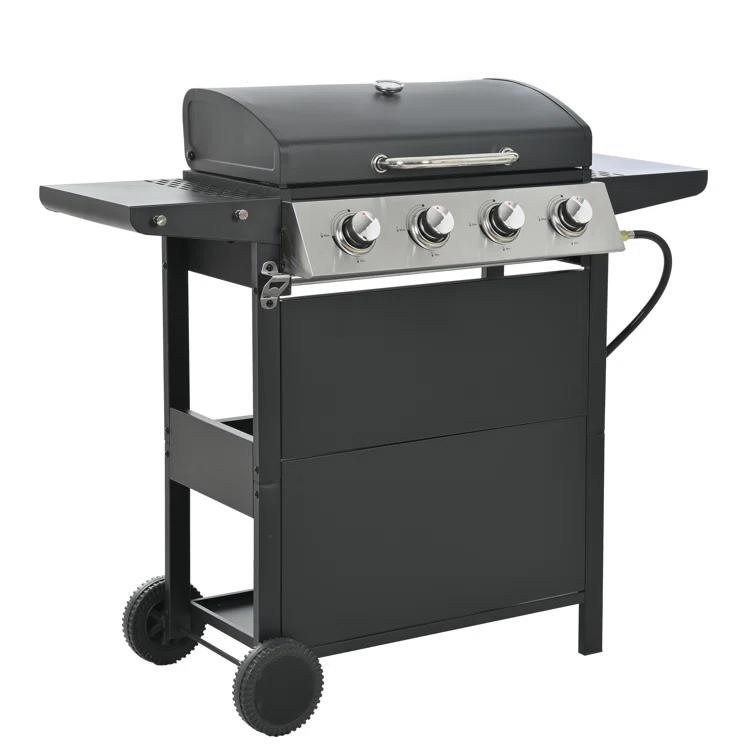 Propane Gas Grill 4 Burner Barbecue Grill, Stainless Steel 34,000 BTU Patio Garden Barbecue Grill With Two Shelves, Lid, Wheels And Bottle Opener