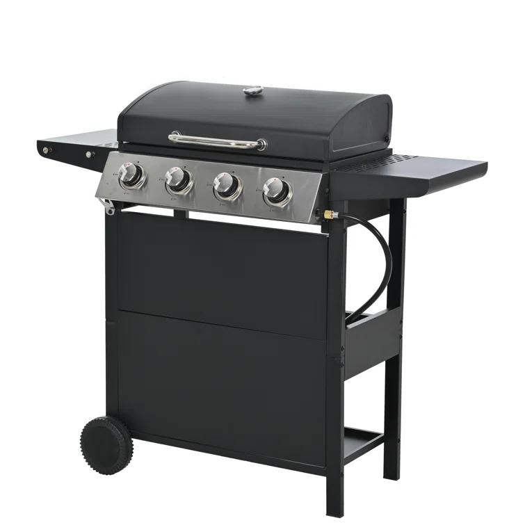 Propane Gas Grill 4 Burner Barbecue Grill, Stainless Steel 34,000 BTU Patio Garden Barbecue Grill With Two Shelves, Lid, Wheels And Bottle Opener