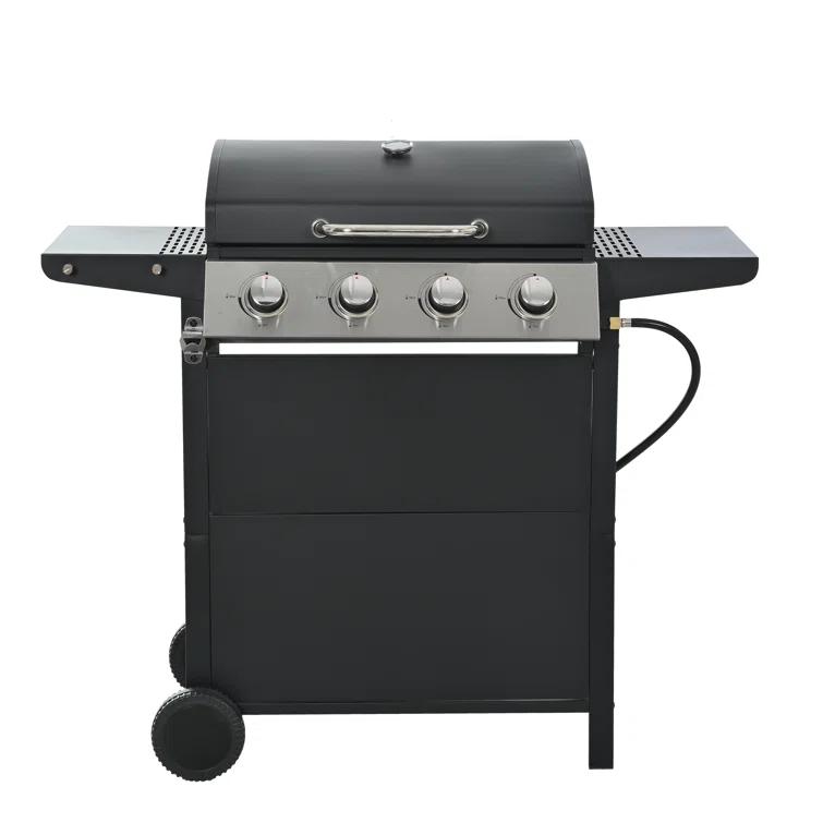 Propane Gas Grill 4 Burner Barbecue Grill, Stainless Steel 34,000 BTU Patio Garden Barbecue Grill With Two Shelves, Lid, Wheels And Bottle Opener