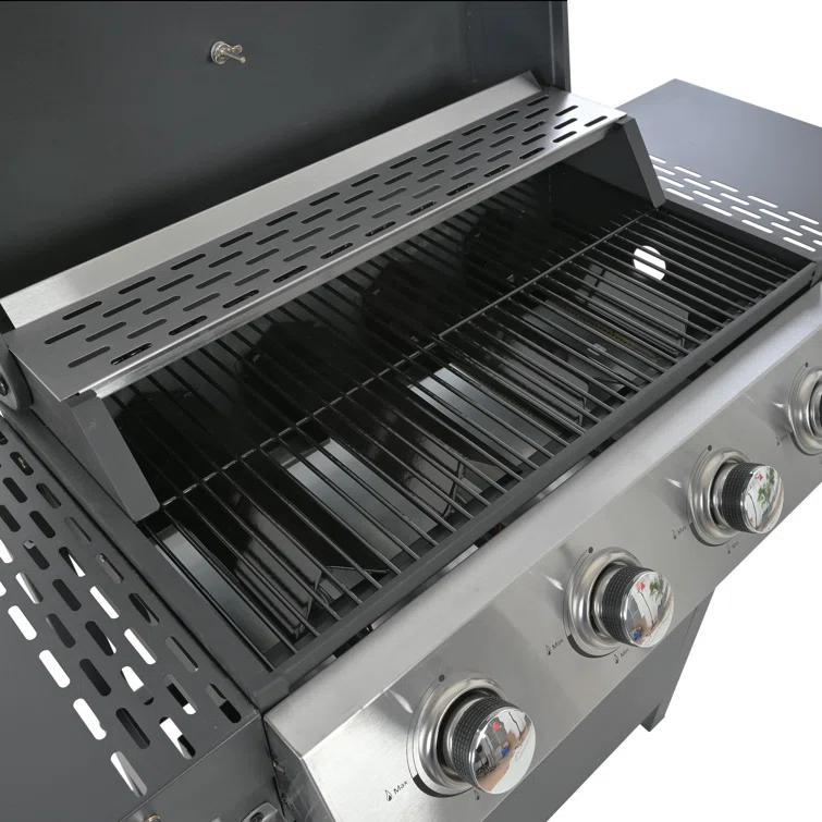 Propane Gas Grill 4 Burner Barbecue Grill, Stainless Steel 34,000 BTU Patio Garden Barbecue Grill With Two Shelves, Lid, Wheels And Bottle Opener