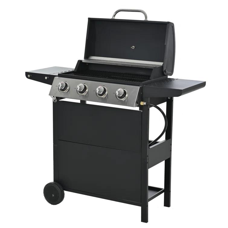 Propane Gas Grill 4 Burner Barbecue Grill, Stainless Steel 34,000 BTU Patio Garden Barbecue Grill With Two Shelves, Lid, Wheels And Bottle Opener