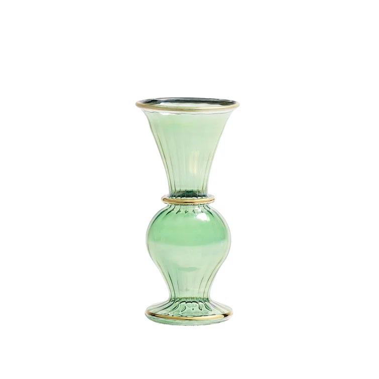 Handmade Green Glass Bud Vase with Gold Accents